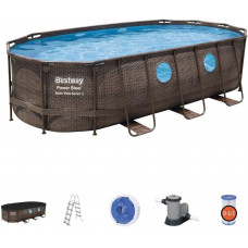  Bestway Piscina Desmontable Tubular Power Steel Oval Diseño Ratán 549x274x122 cm con Depuradora Cartucho 5.678 L/H con Cobertor y Escalera 